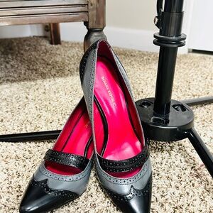 Banana Republic Black and Gray Pointed Brogue Pumps with Pink Lining